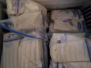 frozen milk in zip-top bags in a freezer