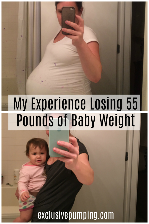 Top photo: 9 months pregnant woman wearing a white t-shirt | Bottom photo: Same woman holding 1 year old in place of pregnant belly with text overly My Experience Losing 55 Pounds of Baby Weight