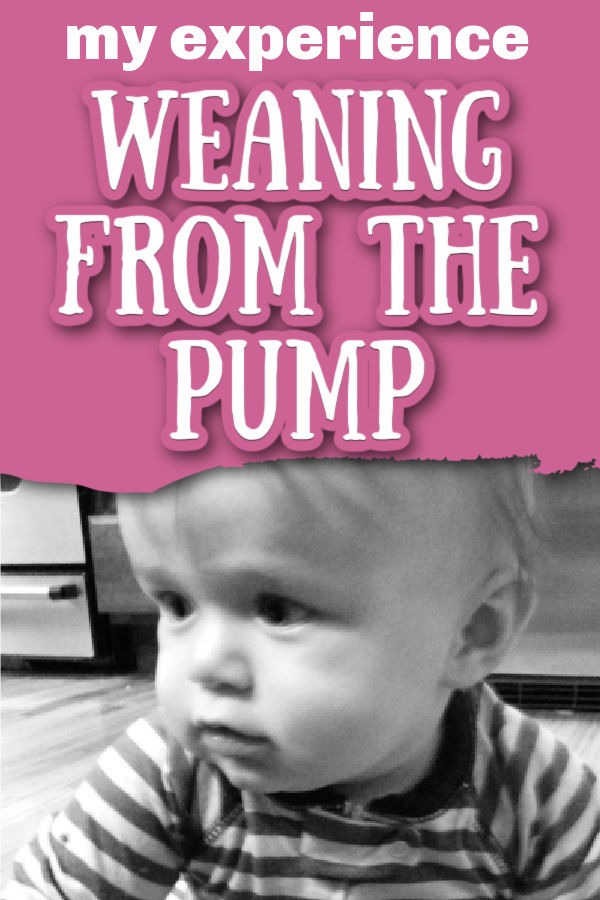 Black and white photo of baby wearing striped pajamas and sitting on the floor, not looking at the camera with text overlay My Experience Weaning from the Pump