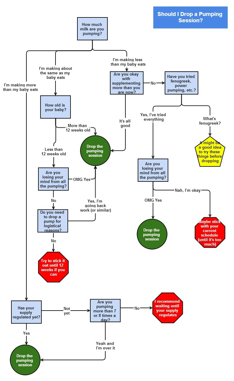 Flowchart that goes through a series of decisions on whether ot not to drop a pumping session. First, it asks how much milk are you pumping? Then it asks if your supply is regulated, and how you are holding up mentally.
