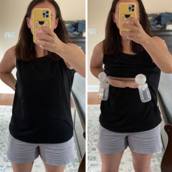 woman wearing a black sleeveless shirt with gray shorts on the left and the same outfit on the right, but set up for hands-free pumping