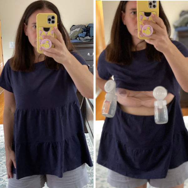woman wearing a navy short sleeve ruffle shirt with gray shorts on the left and the same outfit on the right, but set up for hands-free pumping