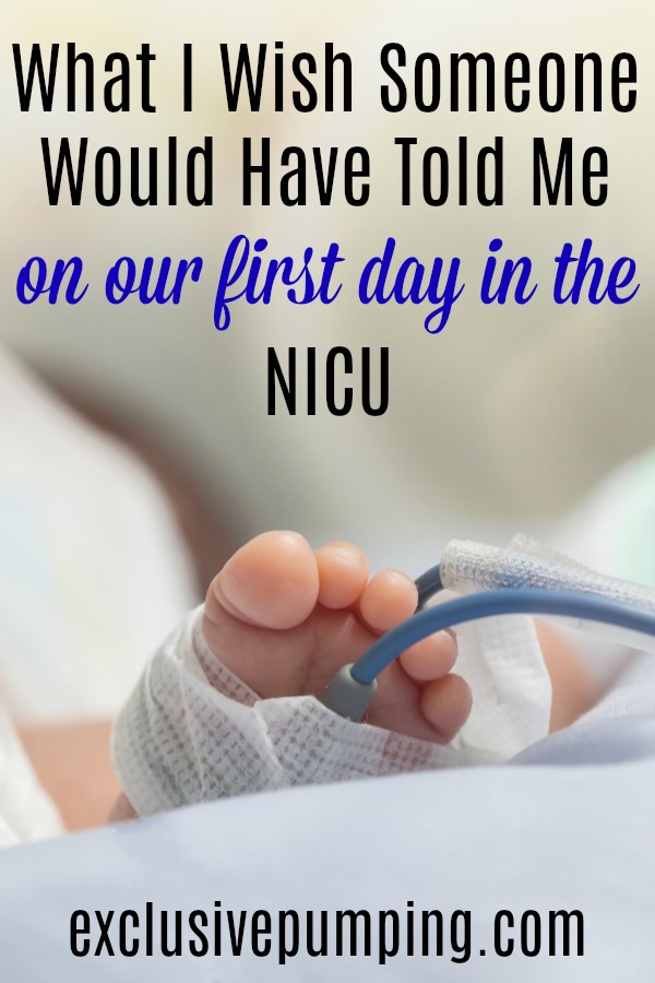 Baby's foot connected to a tub in the hospital with text overlay First day in the NICU