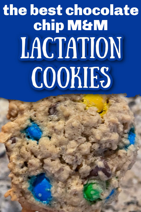 Chocolate chip M&M cookie with text overlay The Best Chocolate Chip M&M Lactation Cookies