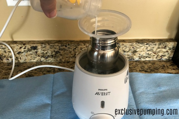 Pour breastmilk into bottle