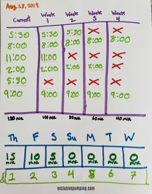 Weaning from the Pump Example, showing current schedule and the order pumping sessions were eliminated.