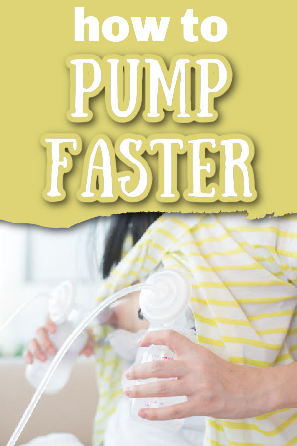 Woman wearing a yellow striped shirt and pumping breast milk with text overlay How to Pump Faster