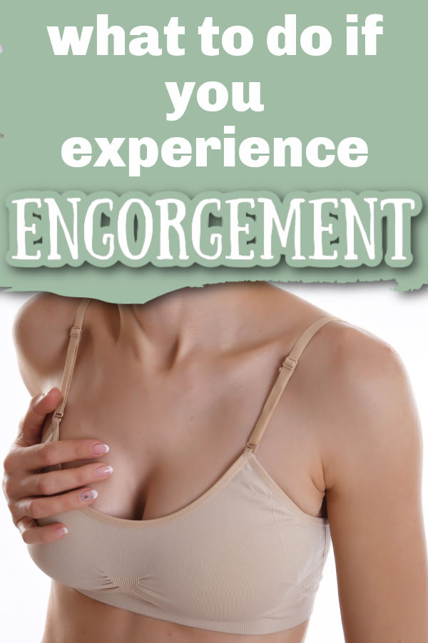woman wearing tan bra holding breast in pain with text overlay What to Do if You Experience Engorgement