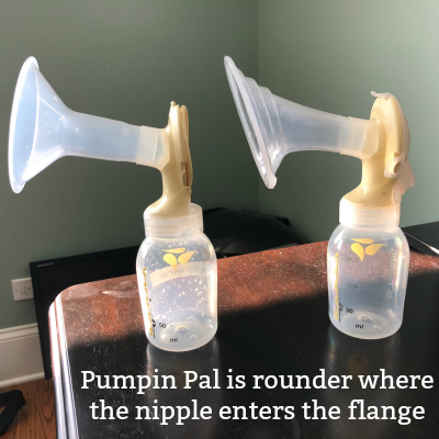 Medela flange next to a a pumpin pal flange with text overlay: Pumpin pals flanges are rounder compared to medela
