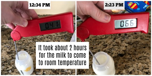 Breast Milk at Room Temperature | breast milk with a rapid thermometer in it, with a temperature of 41 and the time 12:34, and one with the temperature of 66 and the time 2:23 with text overlay It took about 2 hours for the milk to come to room temperature
