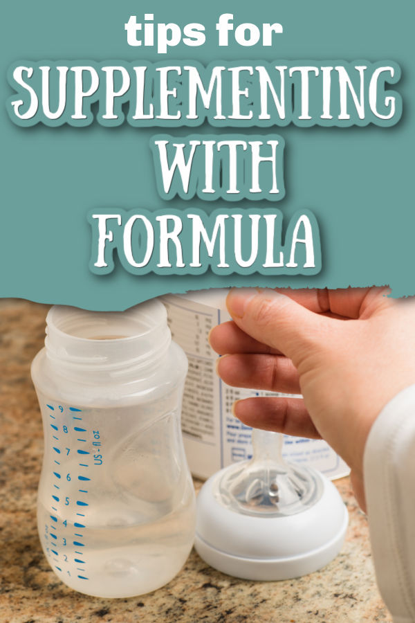 parent scooping formula in a bottle containing a few oz of water with text overlay Tips for Supplementing with Formula