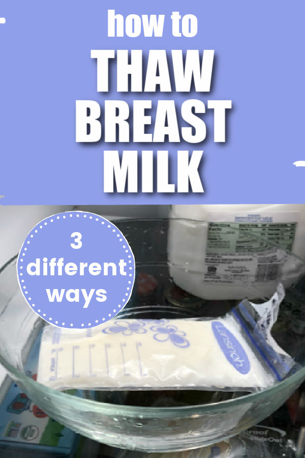 Lasinoh breast milk bag sitting in a clear bag in the fridge thawing with text overlay How to Thaw Breast Milk - 3 different ways