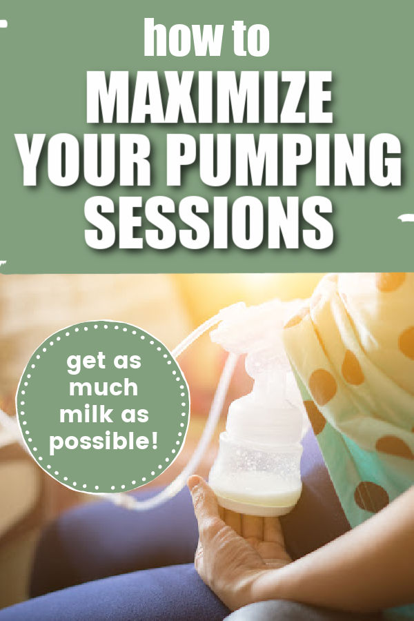 woman pumping breast milk while wearing a green and black polka dot shirt with text overlay How to Maximize Your Pumping Sessions - Get as much milk as possible
