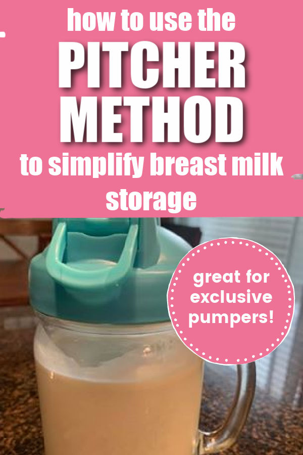 mason jar with a green top sitting on a kitchen counter with text overly How to Use the Pitcher Method to Simplify Breast Milk Storage - great for exclusive pumpers!