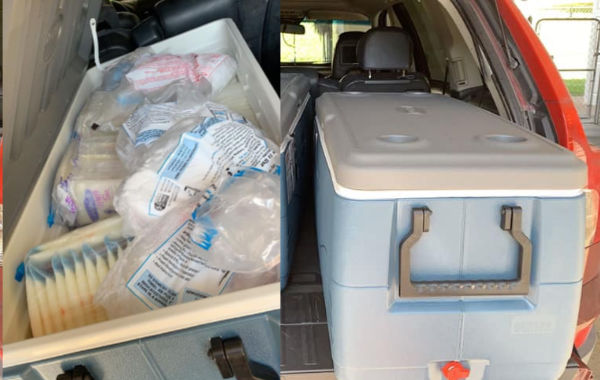 Frozen breast milk packed with dry ice in a 150 quart cooler for a 14 hour drive
