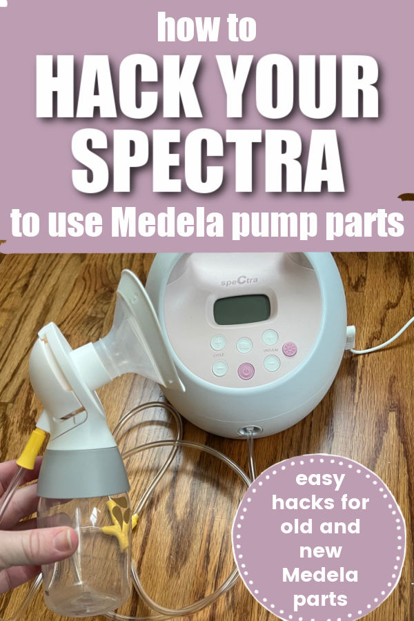 Woman holding Medela pump parts with Spectra breast pump in the background with text overlay how to hack your Spectra to use Medela pump parts - easy hacks for old and new Medela pump parts