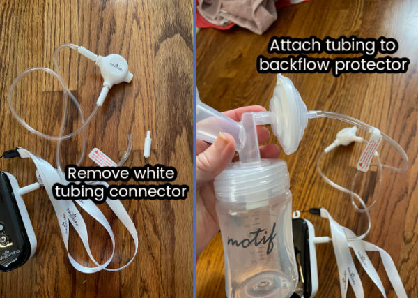 To use the Baby Buddha with the Motif Luna, remove the white tubing connector on the Baby Buddha and attach to the Motif Luna backflow protector