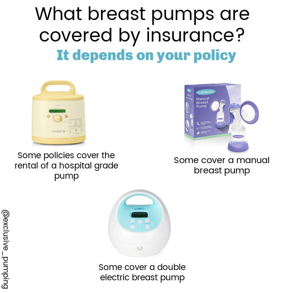 Title: What breast pumps are covered by insurance? It depends on your policy. | Product image of Medela Symphony on a white background with text overlay Some policies cover the rental of a hospital grade pump | product image of a Lansinoh manual breast pump with text overlay Some cover a manual breast pump | product image of Spectra S2 on a white background with text overlay Some cover a double electric breast pump?