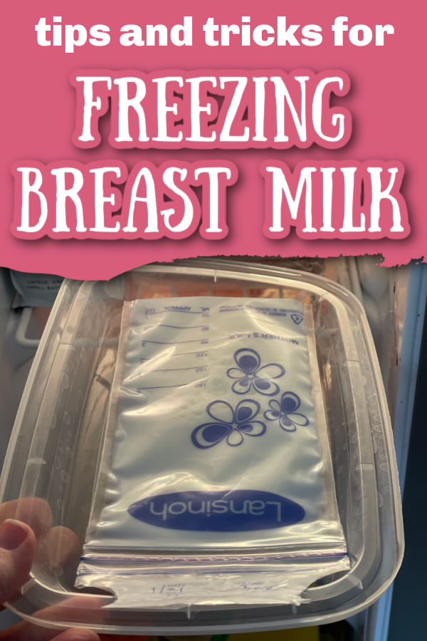 Lansinoh breast milk bag on a flat surface for freezing with text overlay Tip and Tricks for Freezing Breast Milk
