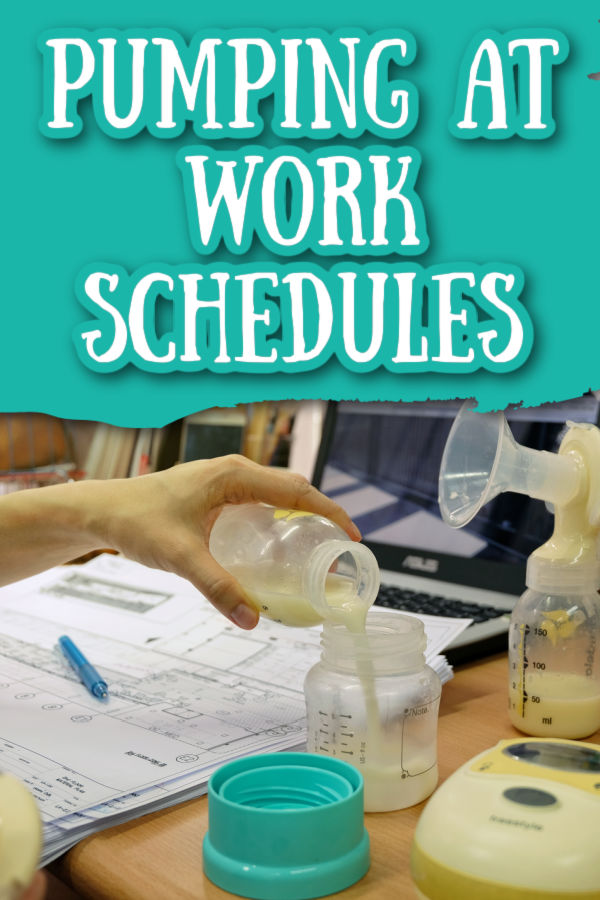 woman pouring breast milk from one bottle into another with a laptop in the background with text overlay Pumping at Work Schedules