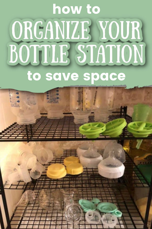 bottles and pump parts drying on a three tier drying rack with text overlay How to Organize Your Bottle Station to save space