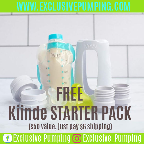 Kiinde bag with breast milk with bottle and text overlay Free Kiinde Starter Pack ($50 value, just pay $6 shipping)