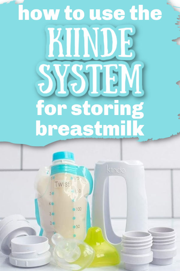 Kiinde bag full of breast milk with kiinde bottle with white subway tile background with text overlay How to Use the Kiinde System for Storing Breastmilk