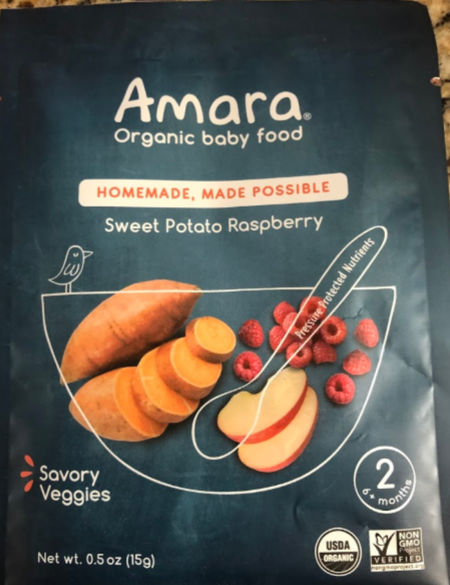 solids and breast milk: packet of Amara Sweet Potato Raspberry baby food