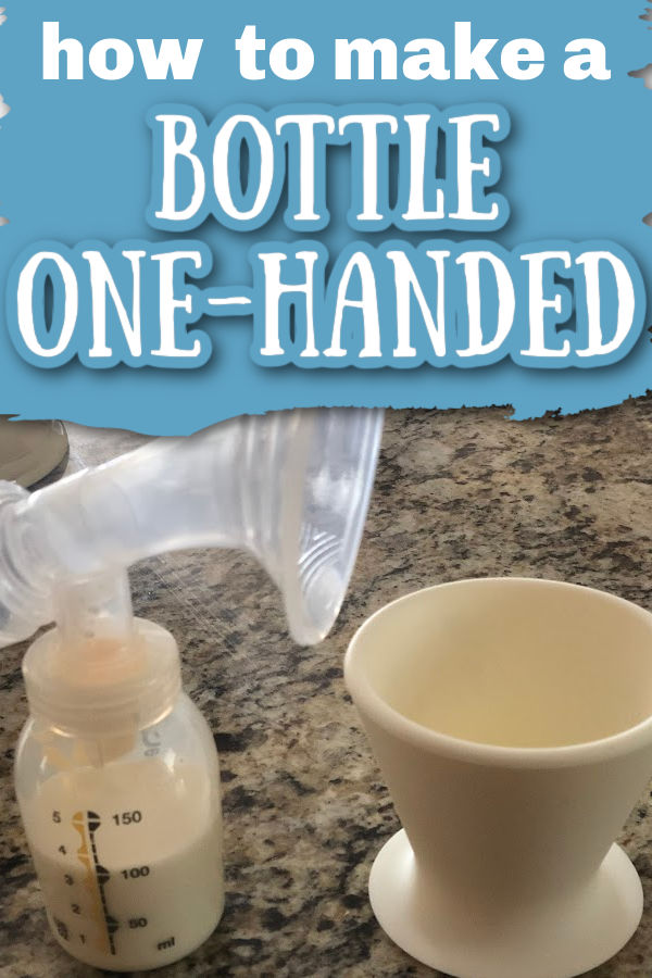 bokee with bottle and pump parts with text overlay how to make a bottle one-handed