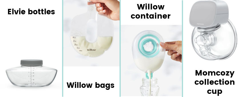 Infograph showing the different containers that you pump into with wireless breast pumps (Elvie, Willow, and Momcozy breast pumps)