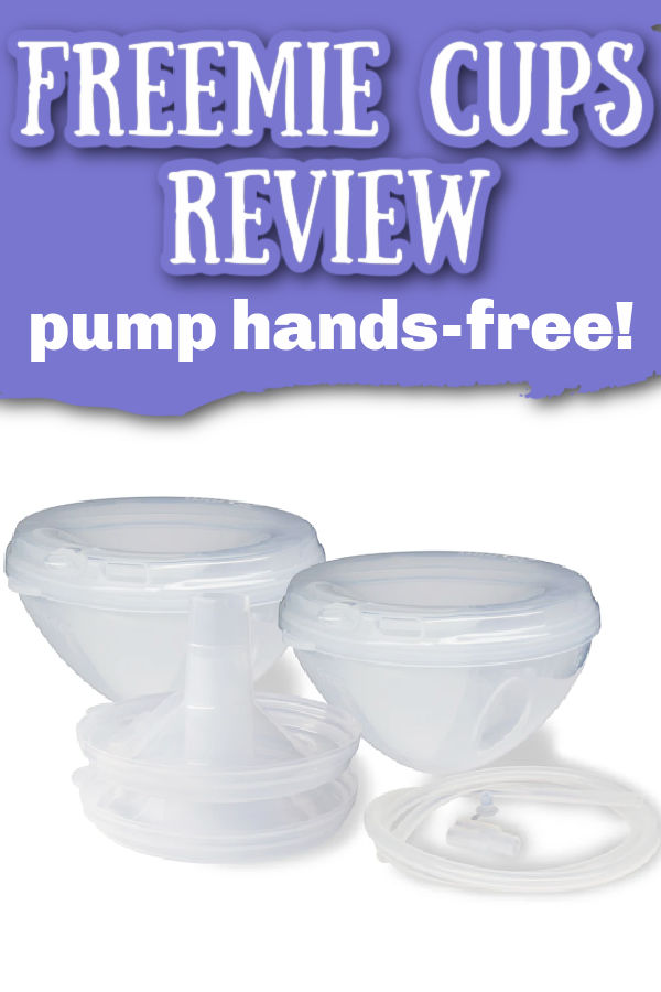 Freemie cups on a white background with text overlay Freemie Cups Review Pump Hands-Free