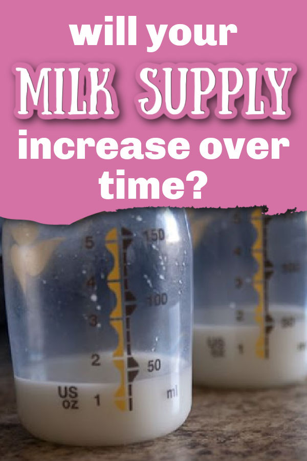 Two Medela bottles with 1-2 ounces in them with text overlay Will Your Milk Supply Increase Over Time?
