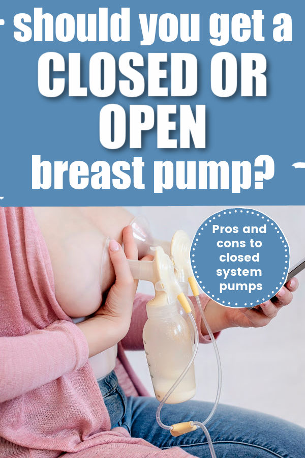 Should You Get a Closed or Open System Breast Pump? Woman in pink sweater pumping breast milk and looking at her phone. 