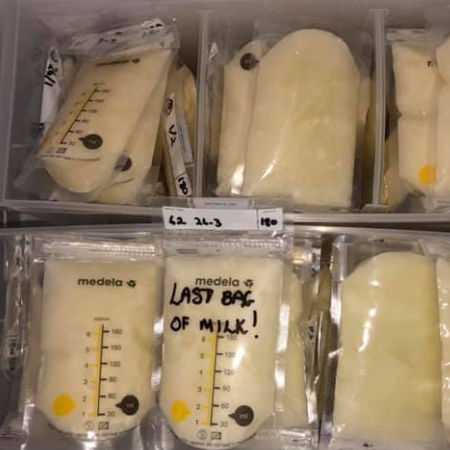 breast pump bags in a chest freezer