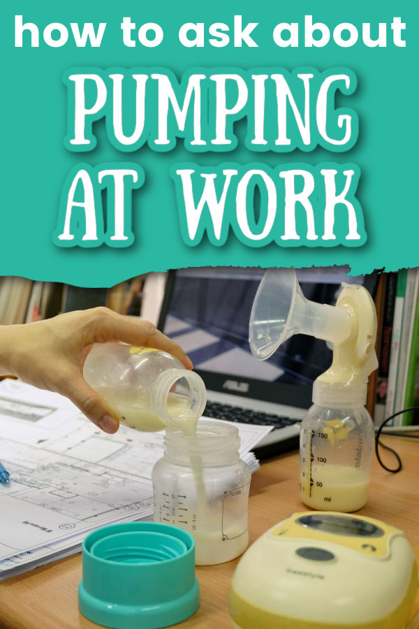 woman pouring breast milk from one bottle to another with text overlay How to Ask About Pumping at Work