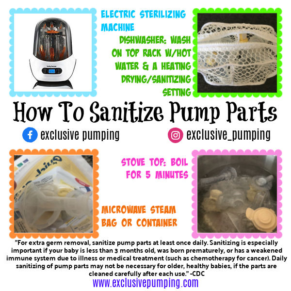 How to Sanitize Pump parts | Electric sterilizing machine, dishwasher, microwave steam bag | stove top (boil for 5 minutes)