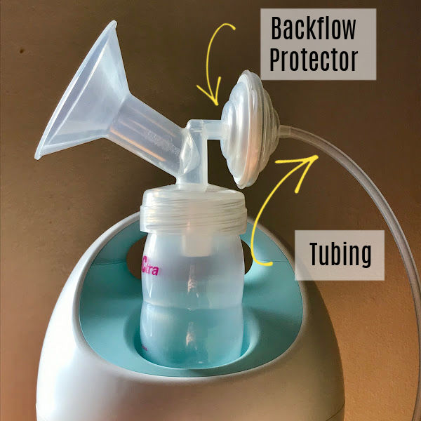 Spectra S2 breast pump with backflow protector and tubing shown with arrows