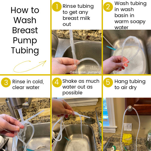 Cleaning Breast Pump Tubing 1) Rinse tubing 2) Wash in hot soapy water 3) Rinse in clear water 4) Shake tubing to get water out 5) Hang tubing to air dry