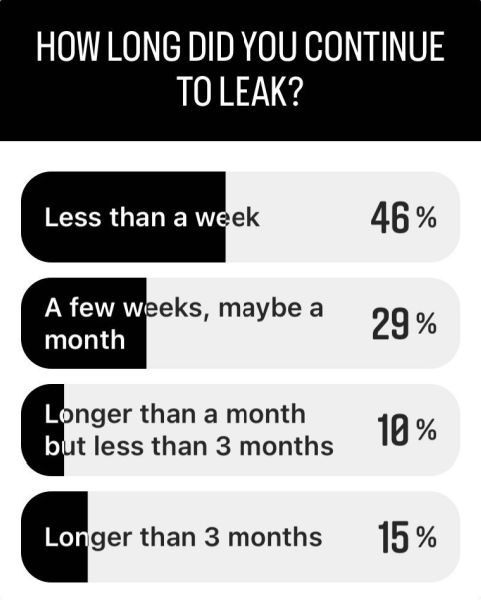 poll how long did you continue to leak? 46% less than a week 29% a few weeks, maybe a month 10% longer than a month but less than 3 15% longer than 3 months