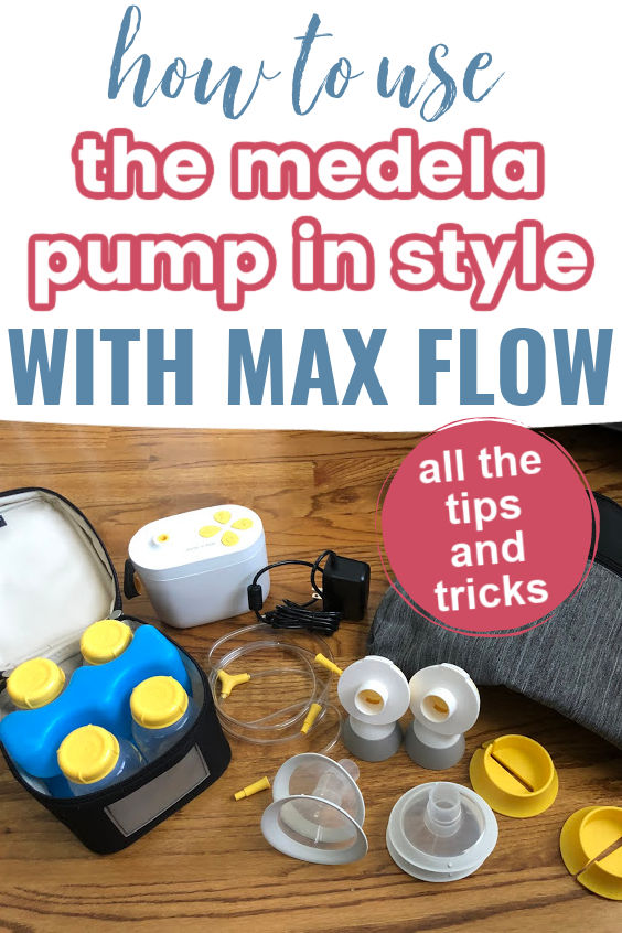 How to Use the Medela Pump in Style with Max Flow | Medela Max Flow pump | breast milk cooler with four bottles and blue ice pack | tubing | parts | gray and black bag on hardwood floors