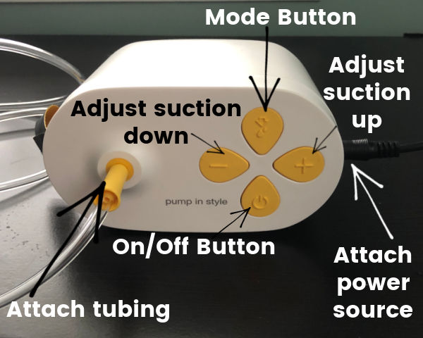 How to Use a Pump in Style with Max Flow | Max Flow pump showing mode button, buttons to adjust suction up and down, how to attach power source, how to attach tubing
