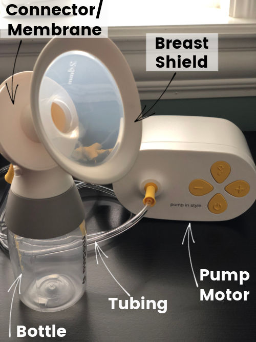 How to Put Medela Pump in Style with Max Flow Together | connector/membrane put together with breast shield, tubing attached to pump motor