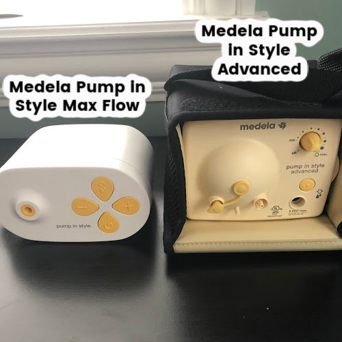 Medela Pump in Style with Max Flow next to Medela Pump in Style Advanced on a black desk