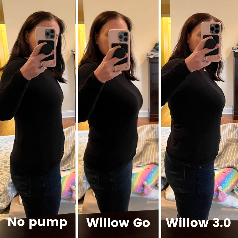 three photos of woman wearing no pump, the Willow Go, and the Willow 3.0