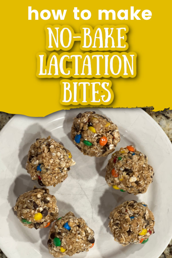 no bake lactation bites on a white plate with text overlay how to make no-bake lactation bites