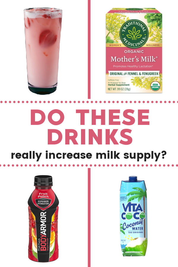 Starbucks pink drink, Body Armor, Mother's Milk Tea and Coconut Water with text overlay do these drinks really increase milk supply