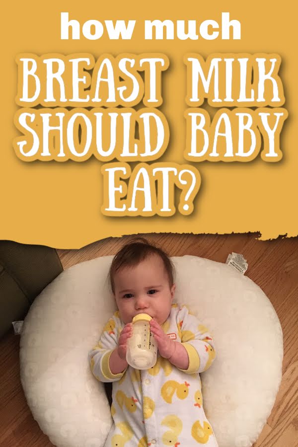 baby drinking breast milk from a bottle with text overlay how much breast milk should baby eat?