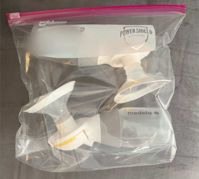Breast pump parts packed in a plastic bag