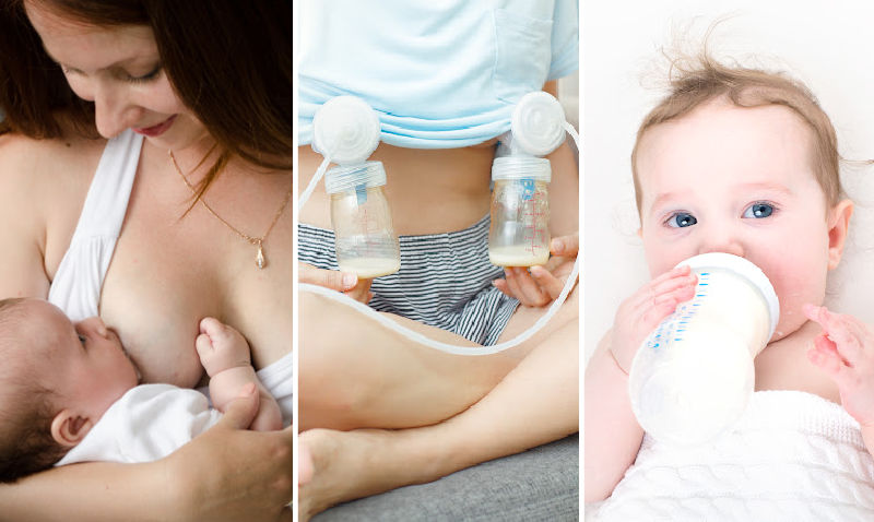 woman nursing baby, woman pumping, baby drinking bottle