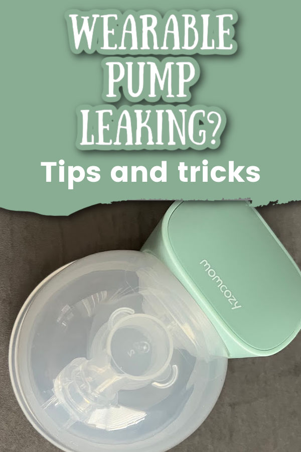 Momcozy breast pump with text overlay wearable pump leaking tips and tricks